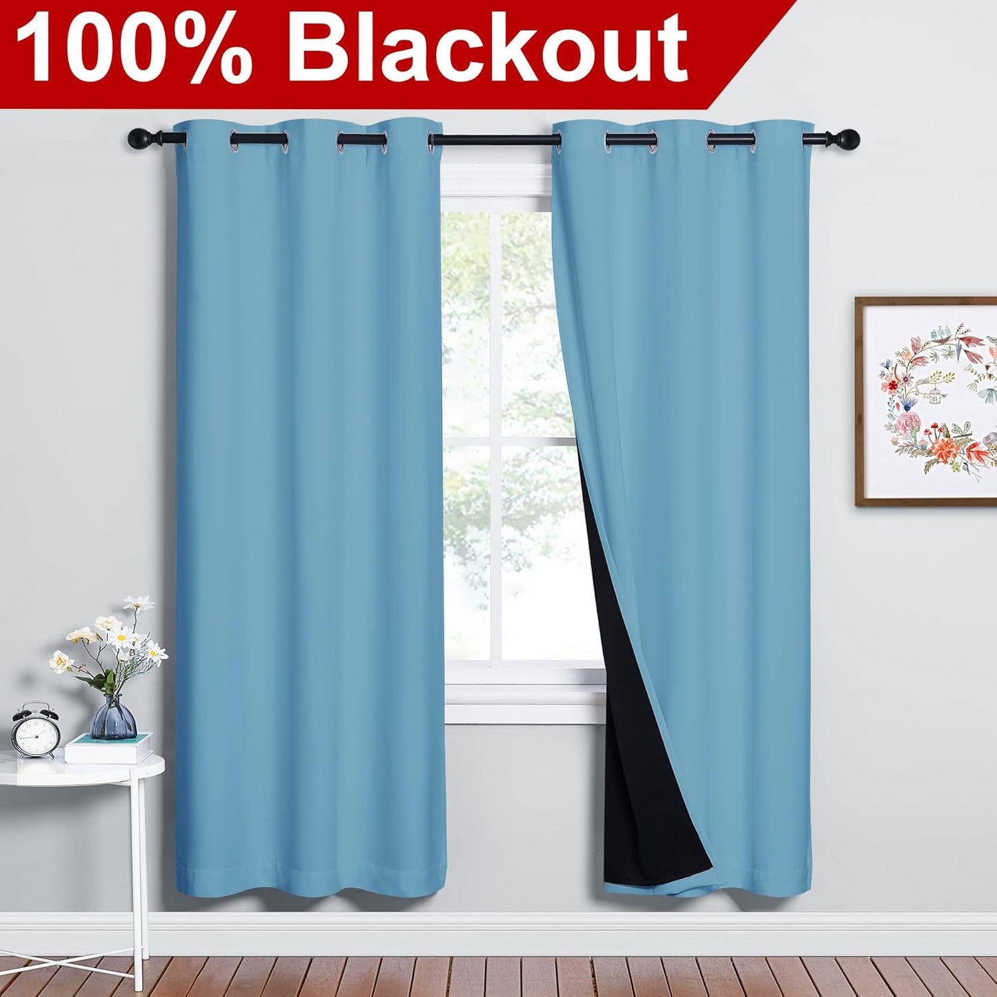 NICETOWN 100% Blackout Window Curtain Panels, Teal Blue, 2 Pieces, 42-inch Wide Per Panel, Full Light Blocking Drapes with Black Liner for Nursery, 72-inch Drop Thermal Insulated Draperies