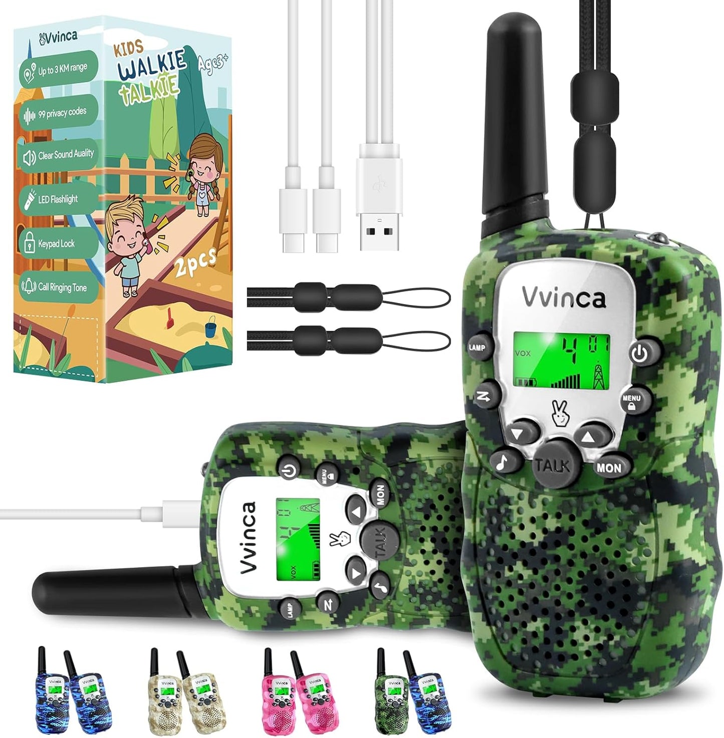 Vvinca Walkie Talkies for Kids Rechargeable 2 Pack, Army Toys for Boys Girls Ages 3-13 Outdoor Military Camping Toy, 3KM Long Range Walkie-Talkie 2 Way Radios 22 CH with Flashlight Birthday Gift