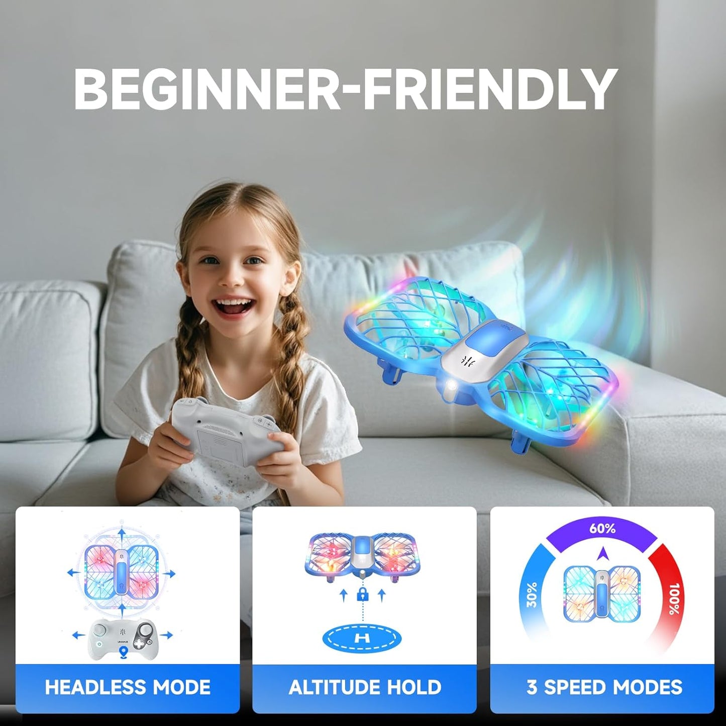 UranHub Drones for Kids, Mini Drone with 5 Lighting Modes, 22-Min Flight Time RC Drone with 2 Batteries/2 Takeoff Options/3D Flip/3-Speed/Propeller Protection Cover, etc, Gift for Kids (Blue)