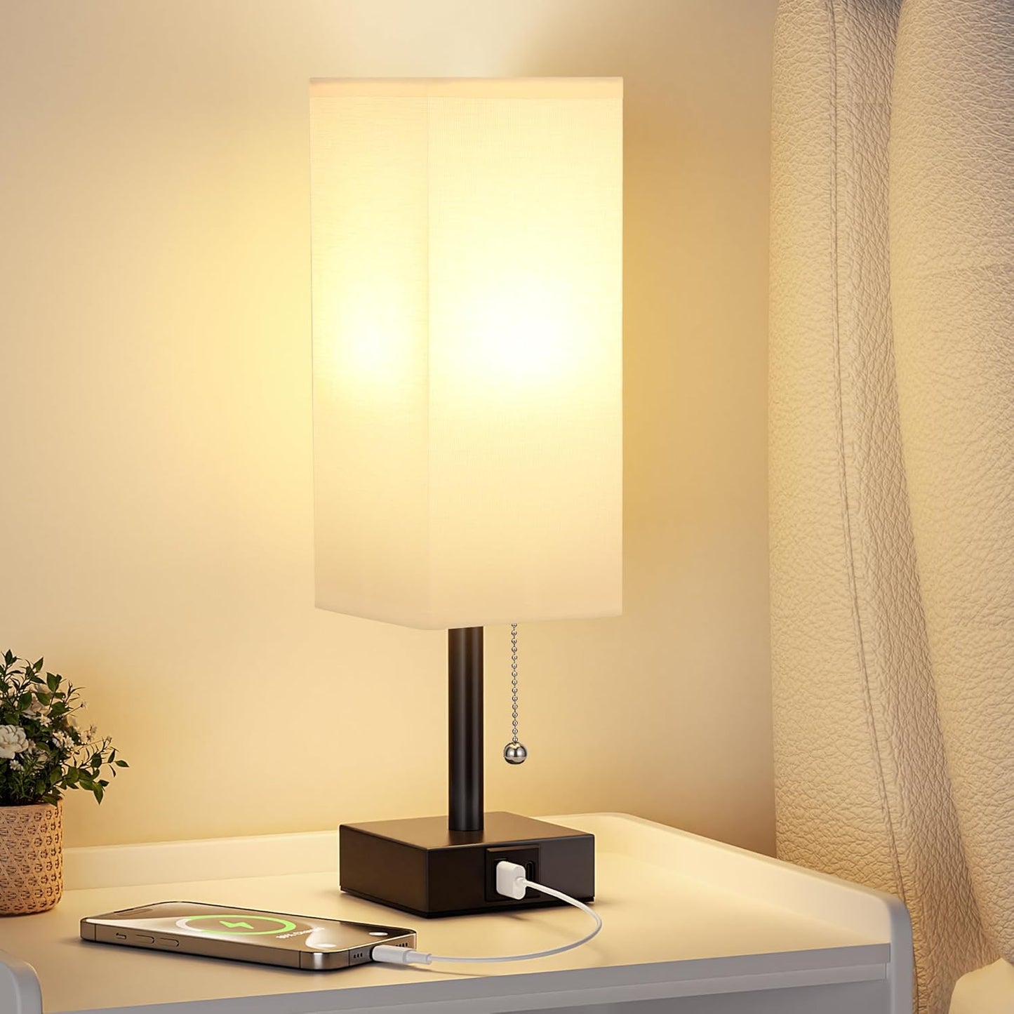 White Small Table Lamp for Bedroom - 3 Color Temperature 3000K 5000K 4000K Bedside Lamp, Pull Chain Control, USB A and C Charging Ports, Black Base, for Kids Office Dorm Nightstand, Bulb Included