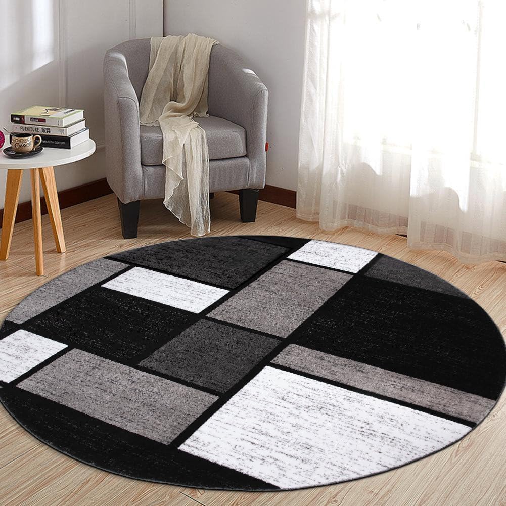Rugshop Contemporary Modern Boxes for Home Office,Living Room,Bedroom,Kitchen Non Shedding Round Area Rug 8' Gray
