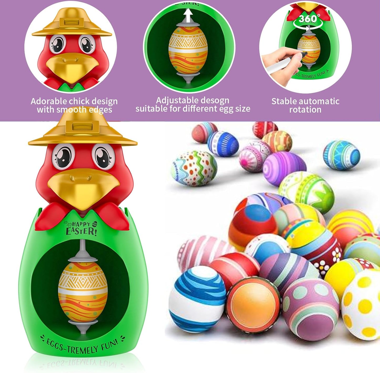 weiyuii Easter Egg Decorating Kit, DIY Egg Coloring Spinner with 3 Plastic Eggs & 8 Colorful Markers Easter Gift for Kids Boys Girls
