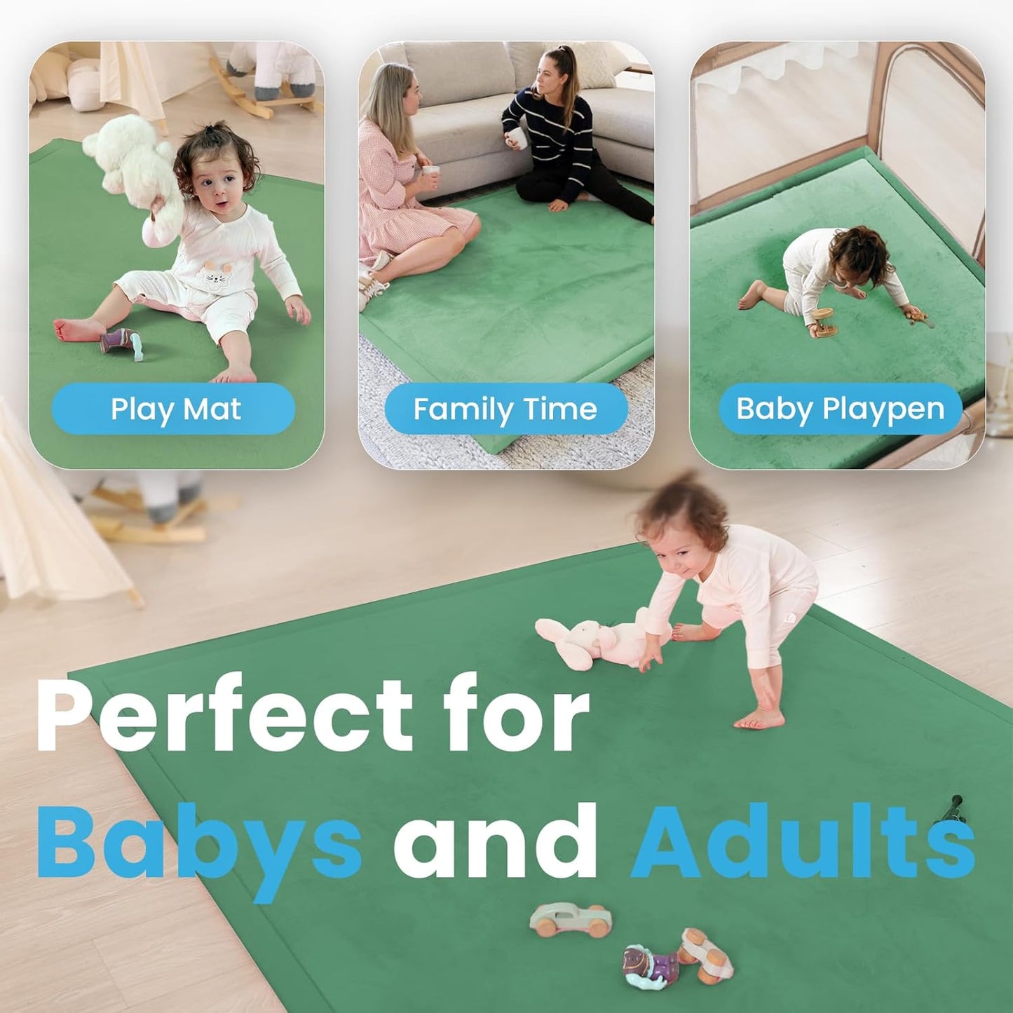 Ultra Soft Baby Play Mat,1.3" Thick Elasti-Foam 59"×71" Playpen Mat for Infants,Toddlers,Kids,Water-Repellent Coral Fleece Nursery Rug,Non-Slip Safe for Tummy Time&Crawling(Emerald)