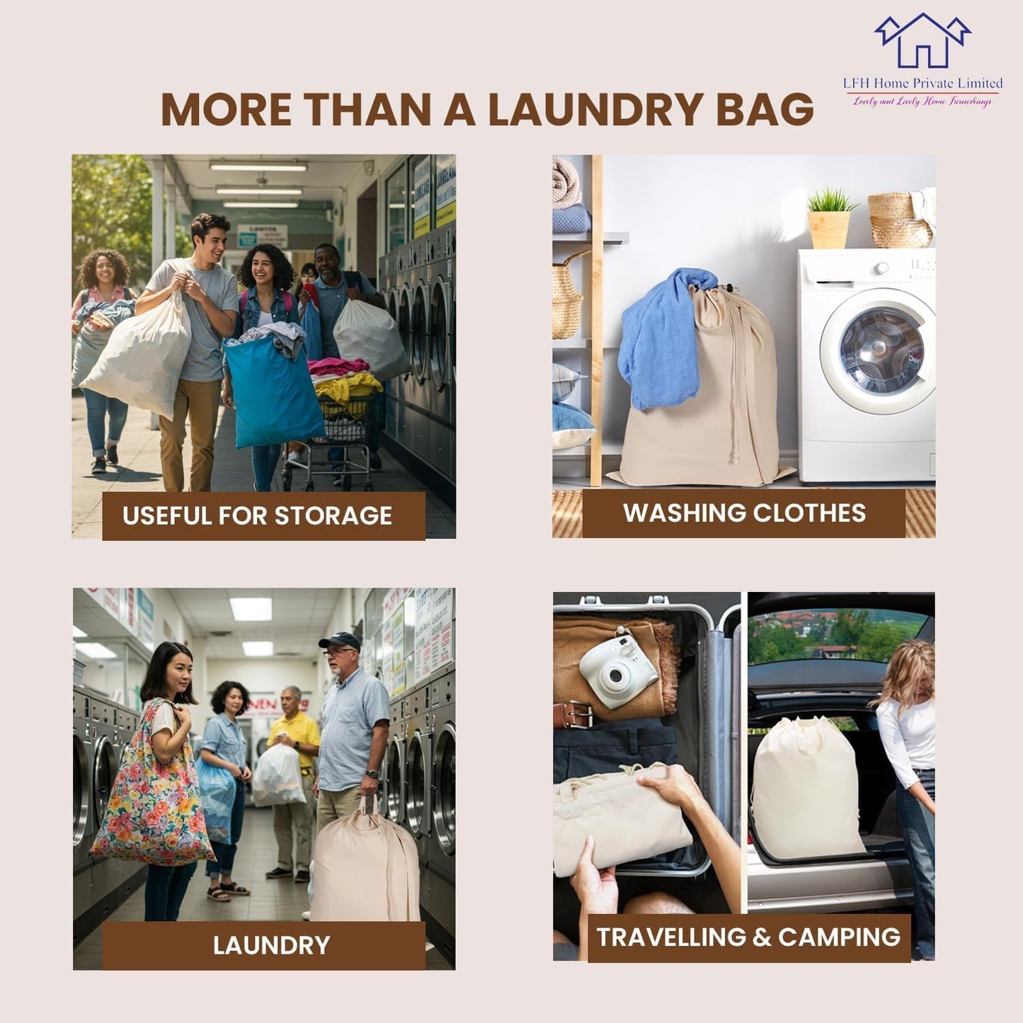 LFH Home Large Premium 100% Cotton Canvas Laundry Bag with Drawstring and Handles Heavy Duty, Multi-Use, and Washable for Home, Travel, College or Storage 20x30 (Pack of 4)-Natural