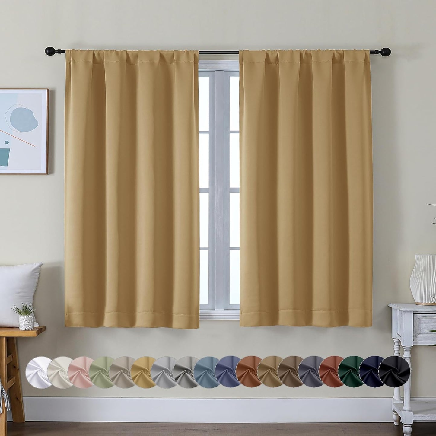 Simplebrand Ava Gold Short Blackout Curtains for Bedroom 45 Inches Long 2 Panels Set, Solid Thermal Insulated, Energy Saving Window Treatment Curtains Blackout Drapes, W40 x L45 Inch, Gold