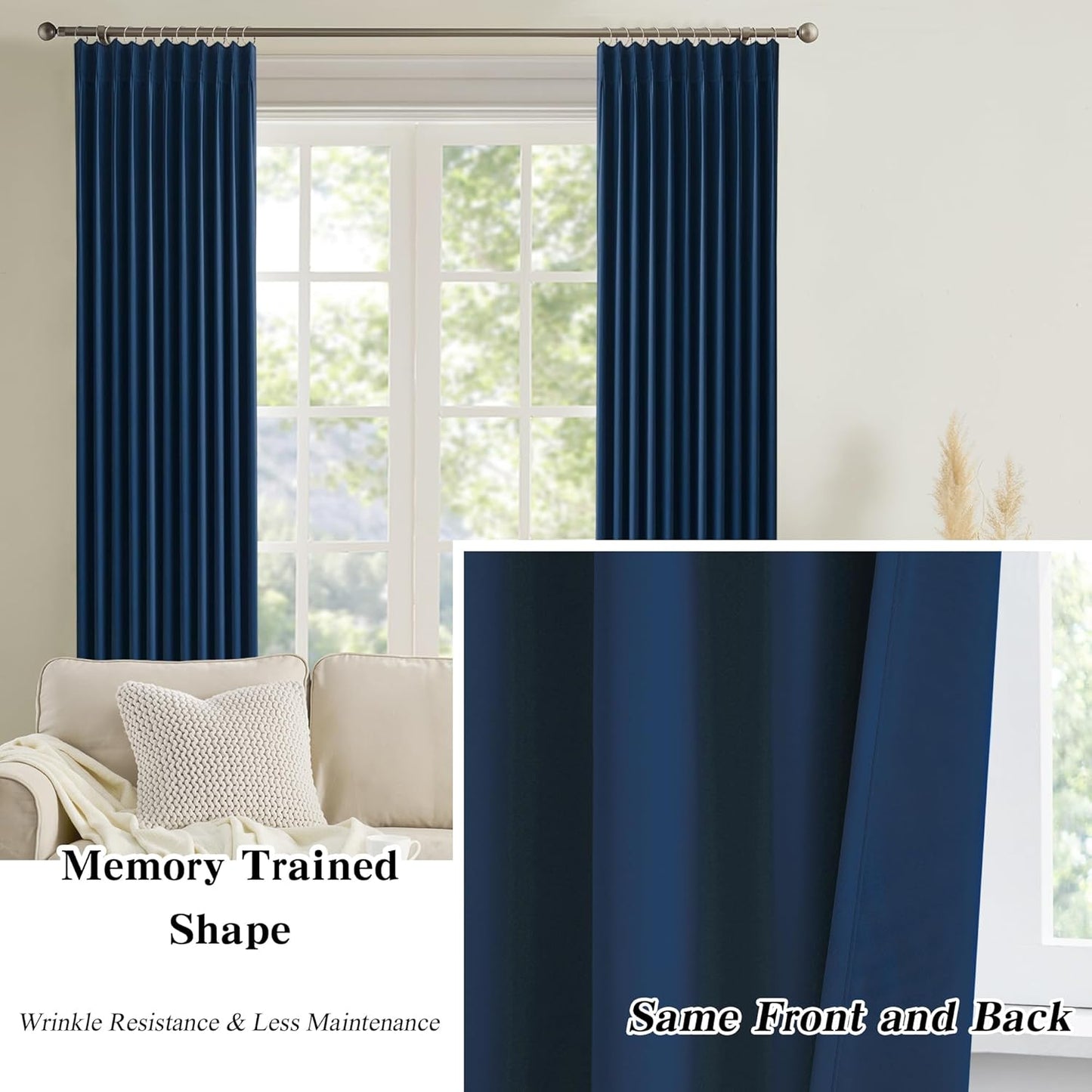 KEQIAOSUOCAI Pinch Pleated Curtains 108 Inches Long 2 Panels Set, Thermal Insulated Blackout Room Darkening Curtain for Bedroom,Window Draperies with Hooks(Navy Blue,40x108-inch)