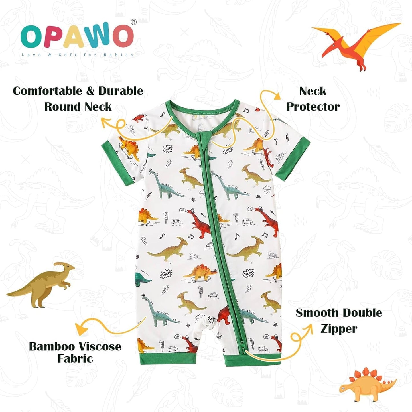 OPAWO Bamboo Baby Pajamas 3 Pack, Double Zipper Bamboo Sleepers for Baby Boy Girl Romper, Toddler Summer Clothes Outfit 0-24M