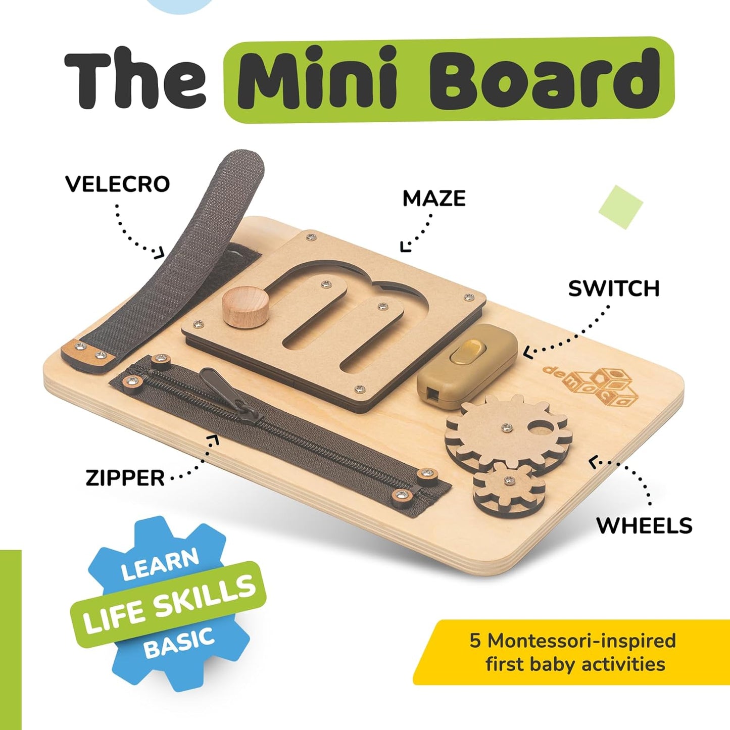 deMoca Baby Busy Board for 1 Year Old, Premium Montessori Toddler Travel Toy with Educational Activities, Sensory Travel Toys for Toddlers 1-3, Wooden Busy Board, Gift for Boy & Girl