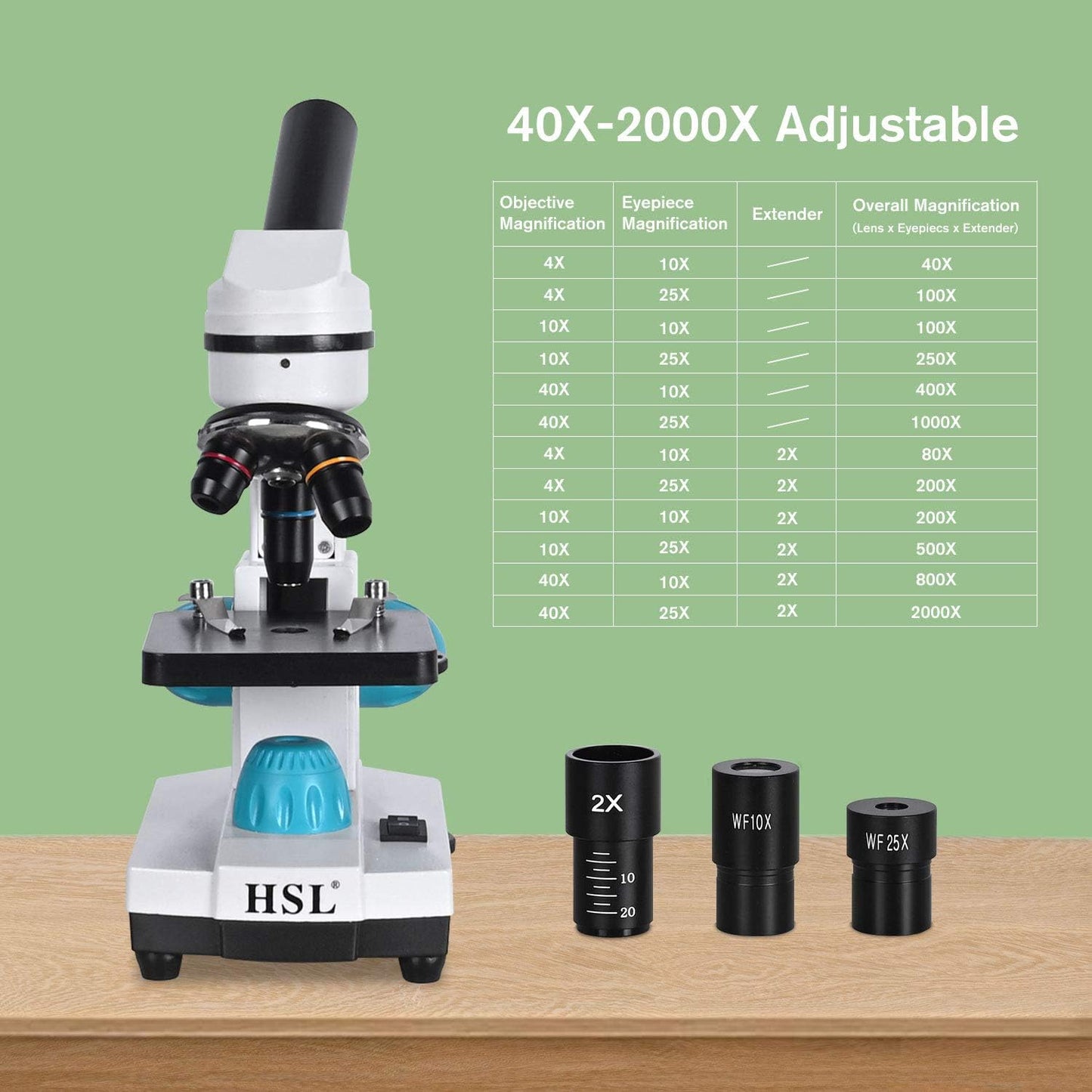 HSL Microscope for Kids,40X-2000X monocular Microscopes for Adults Students Beginner with LAD Set,Dual LED Phone Adapter Powerful Biological Microscopes for School Boys Girls Home Education Laboratory