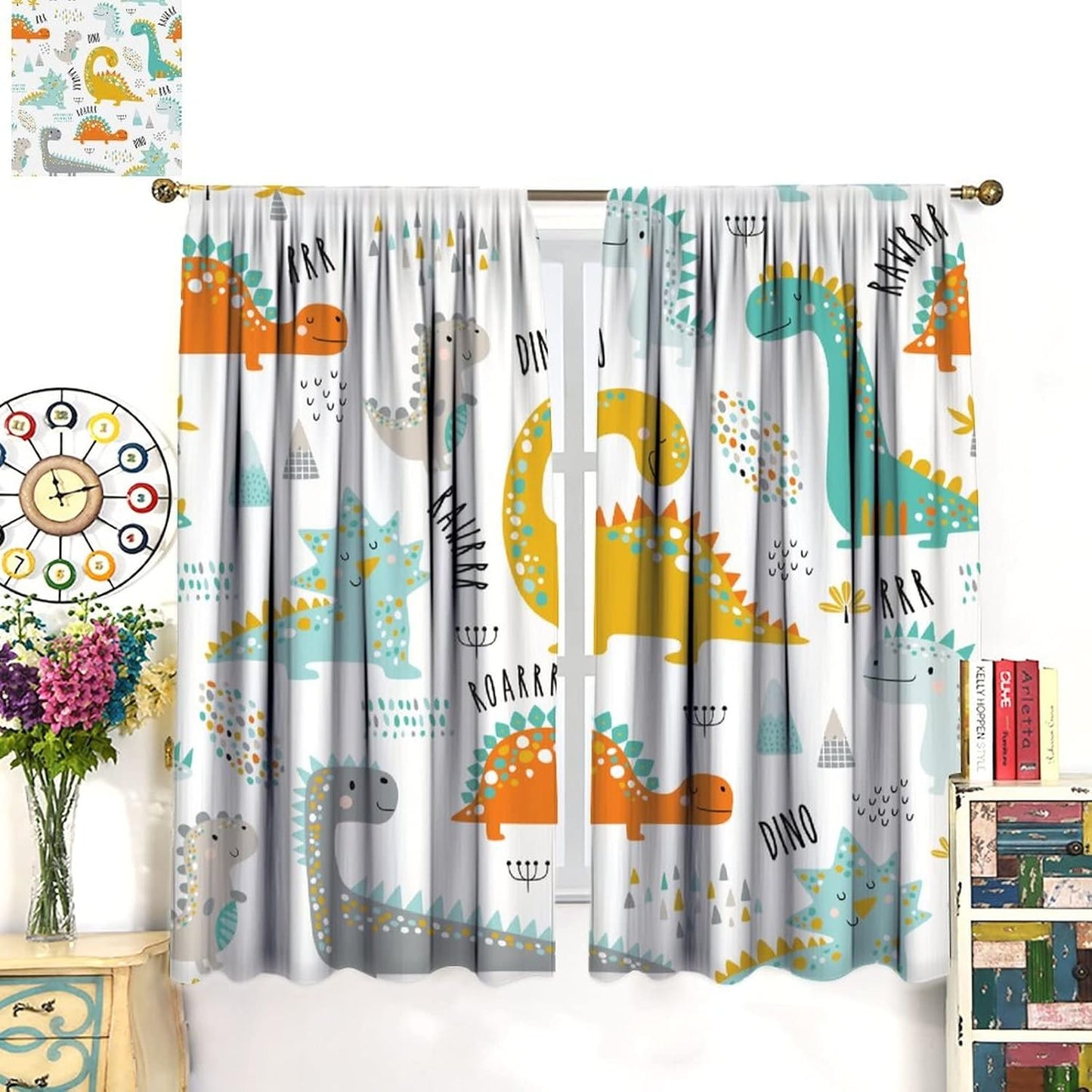 Dinosaur Curtains for Kids Boys Girls Home Decor Childish Cute Dino Animals Print Pattern Rod Pocket Blackout Window Drapes for Nursery Baby Bedroom Playroom W31.5xL72in 2 Panels