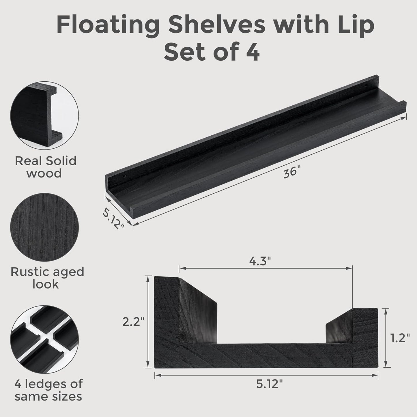 Fun Memories Floating Shelves Wall Mounted 36 Inch Long, Black Picture Shelves for Wall with Ledge, Solid Wood Wall Shelves with Lip Set of 4 for Bedroom, Kitchen, Bathroom