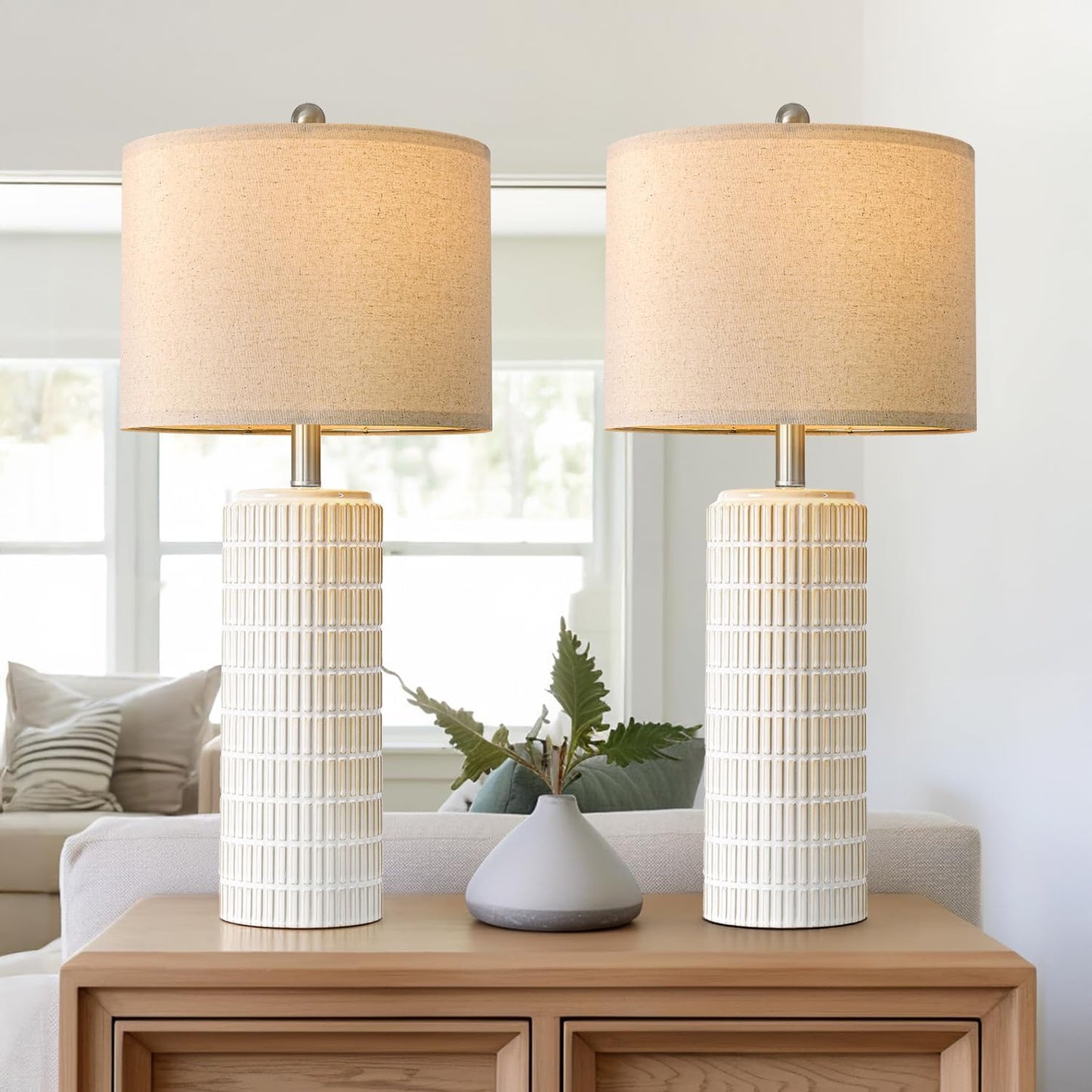 PoKat 27.5'' Tall Table Lamps for Living Room Set of 2, Ceramic Bedroom Lamps for Night Stands, Modern Bedside Lamps for Bedroom Living Room, Nightstand Lamps for End Table, Hallway, Gold and White