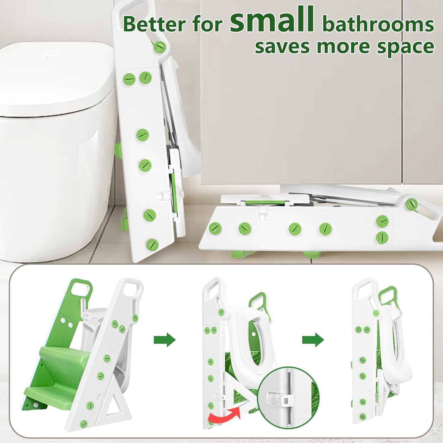 Easy Storage Potty Training Seat with Ladder, Adjustable Step and Toilet Seat Height, Easy-Grip Handles for Climbing, Foldable Portable Toddler Toilet Trainer, Perfect for Small Bathrooms