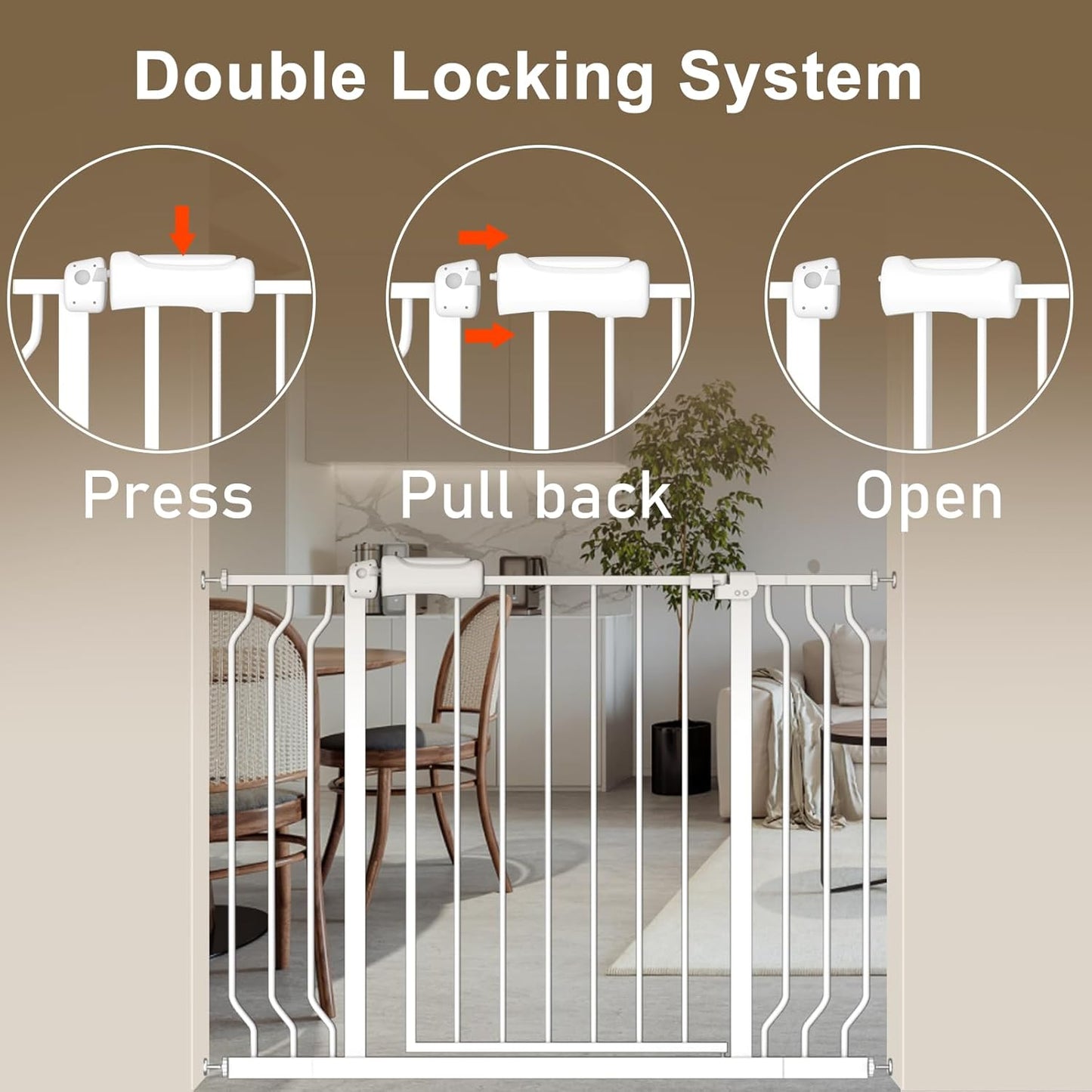 ALLAIBB Extra Wide Baby Gate Pressure Mount with Auto-Close, White Metal Safety Gate for Stairs & Doorways - Child Proof, Pet Barrier for Hallways, Kitchen, Living Room for 57.48-62.02 inch