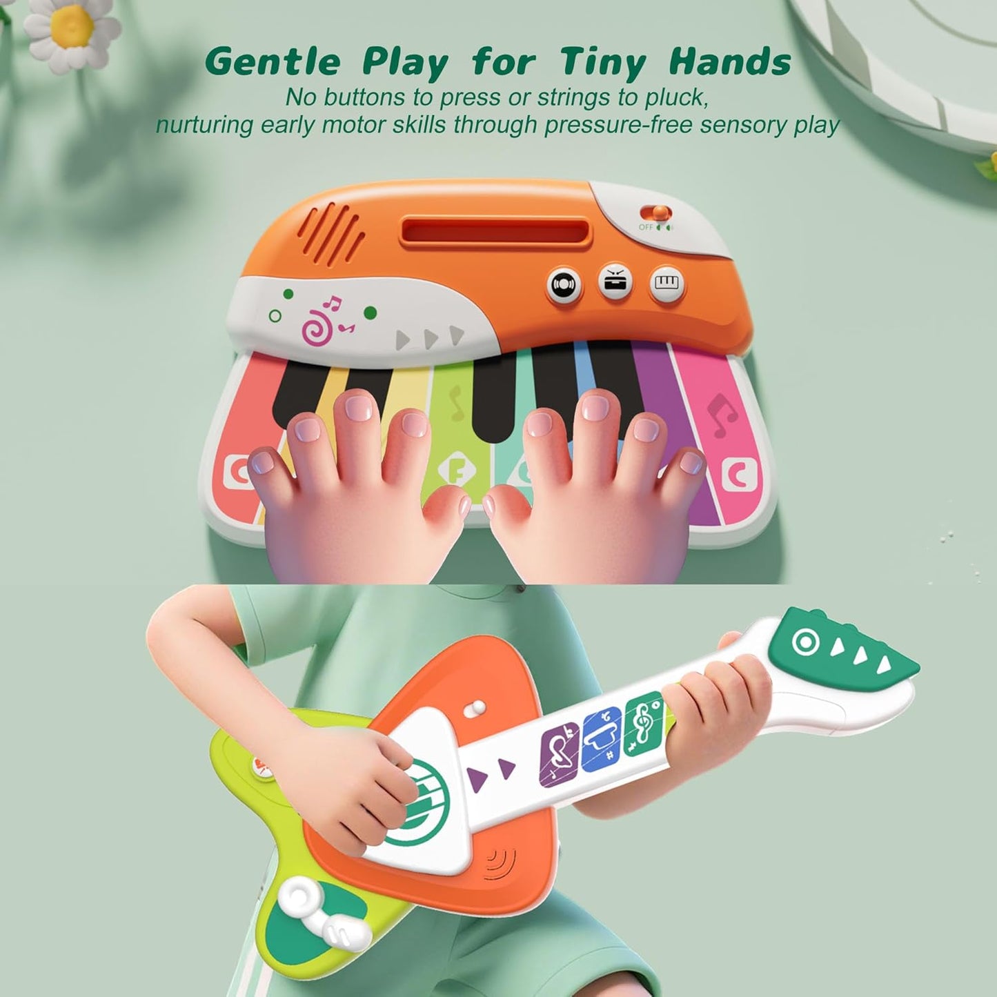 Toddler Baby Guitar Piano Keyboard for 1-3, Touch Baby Piano Guitar Toy for 1 Year Old Musical Toy w/ 3 Modes, Light, Melodies, Music Cards, Adjustable Volume, Birthday Gift for 10–18 Mos &1–3 Yrs Old