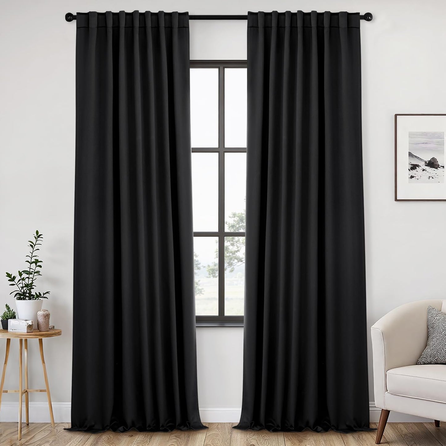 ANRODUO Back Tab Blackout Curtains for Bedroom Living Room, Rod Pocket Pinch Pleated Thermal Insulated Room Darkening Curtains 102 Inches Long 2 Panels, Black, 52 x 102 Inch