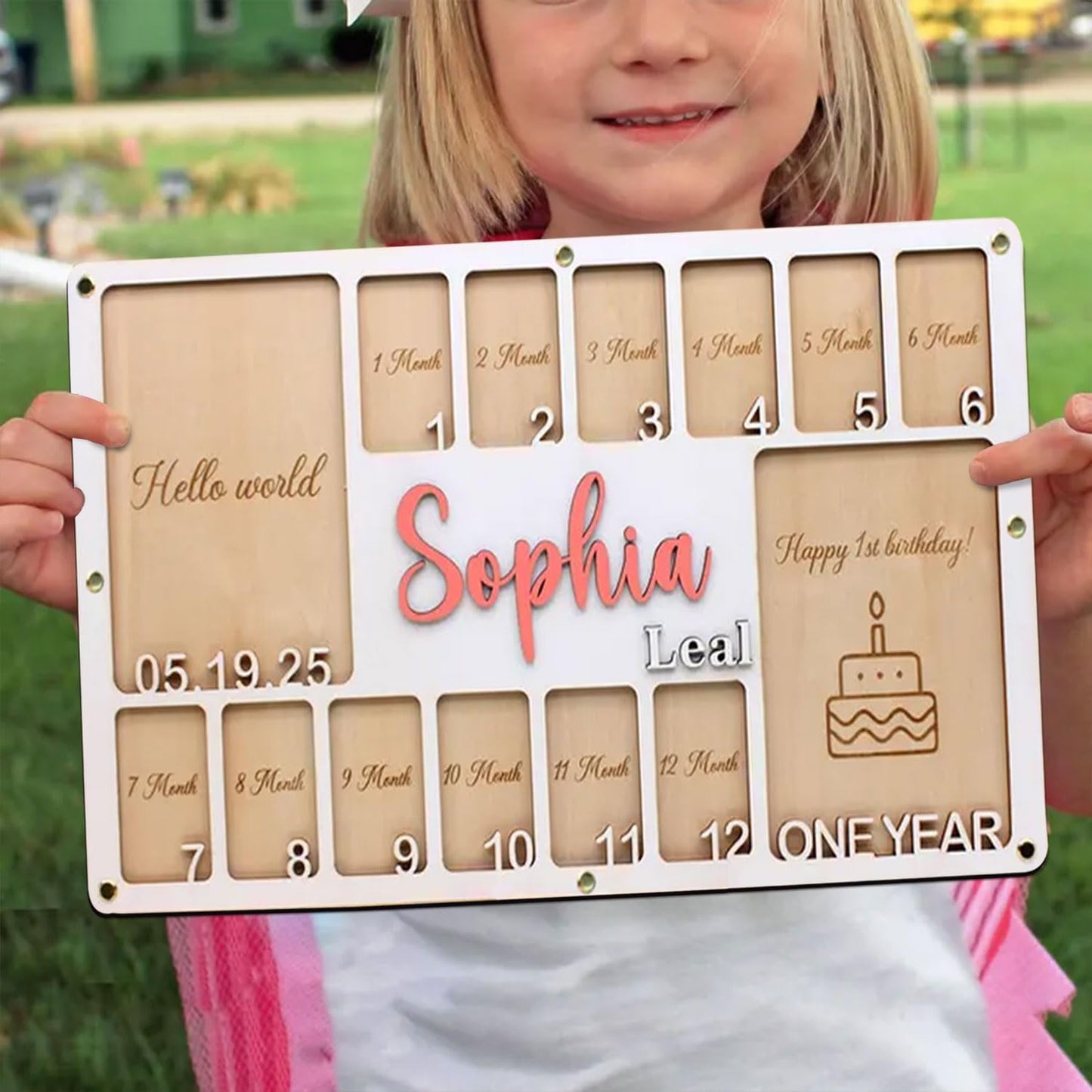 Personalized My First Year Photo Frame | Hello World To Birthday 12 Months Picture Frame For Baby First Year | Displays Two 4x6 Photo and Twelve 2x3 Pictures | Birthday Party Memory Keepsake