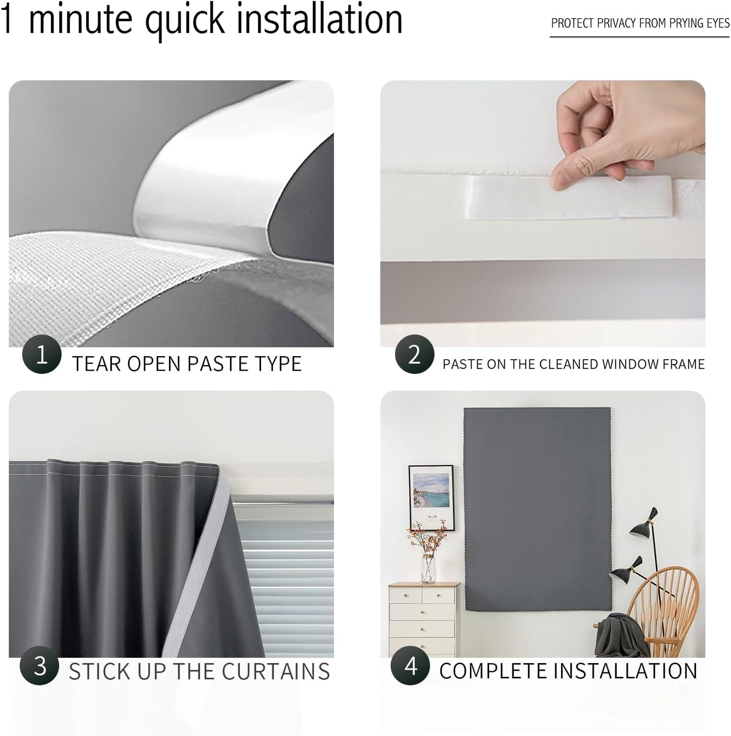 Magic Tape Stick On Curtains Window Shades Pull Down Blackout Window Cover Blackout Curtains for Bedroom No Drillng Self Adhesive Curtains No Rod Small Curtain, 35" W X 79" L, Grey, 1 Panel