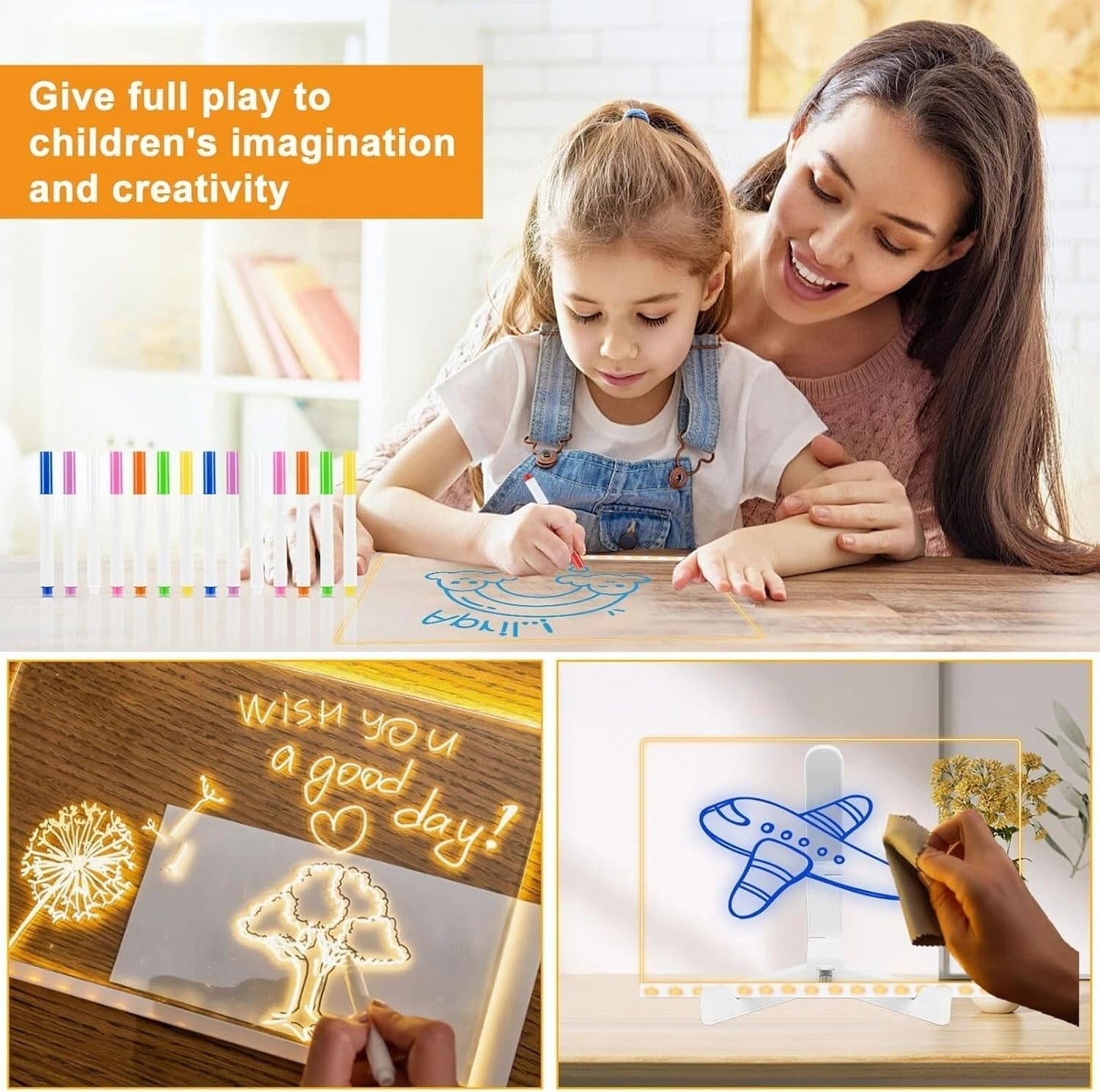LED Note Board with Colors, 7 Colors Acrylic Message Board with Light, LED Drawing Board Gifts for Kids, Dry Erase Board with Adjustable Stand for Office School Home Decor (5.9 * 5.9 in)