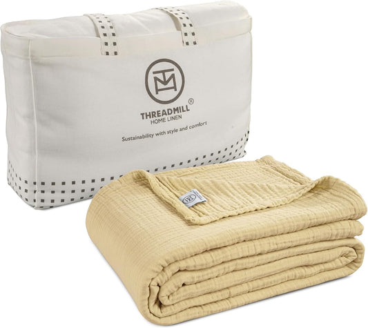 Threadmill King Size Blanket | 4 Layer 100% Cotton Gauze | Lightweight, Breathable, and Cozy Summer |Muslin Blanket for Couch, Bed| Beige