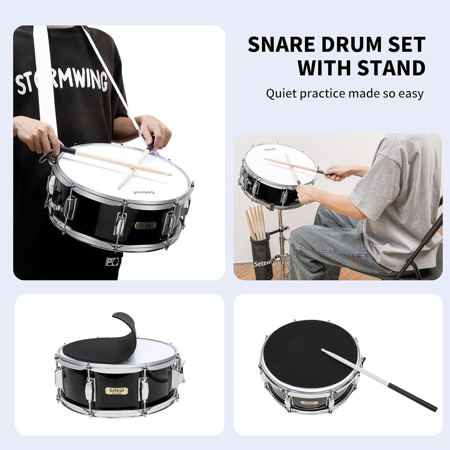 Snare Drum Set, 14" x 5.5" Marching Snare Drum with Stand & Storage Padded Bag + Silent Mute Pad + Drums Sticks + Drumstick Holder + Drums Key + Damper Gels for Adults Kids Beginners (Black)