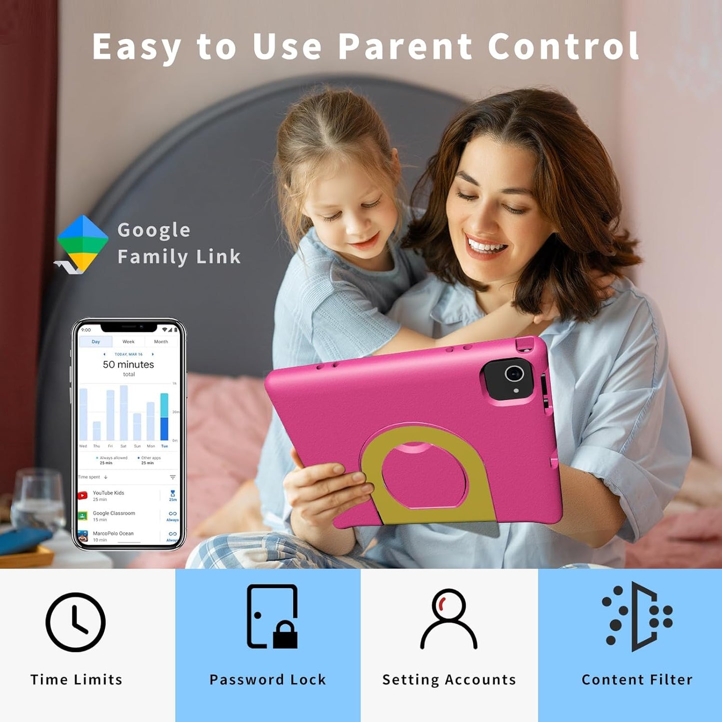 Kids Tablet with Strap, Android 14 Tablet for Kids 10 inch, Toddler Tablets Octa-Core 64GB 1TB Expandable, Children's Tablets with Case, Bluetooth WiFi Parental Control Dual
