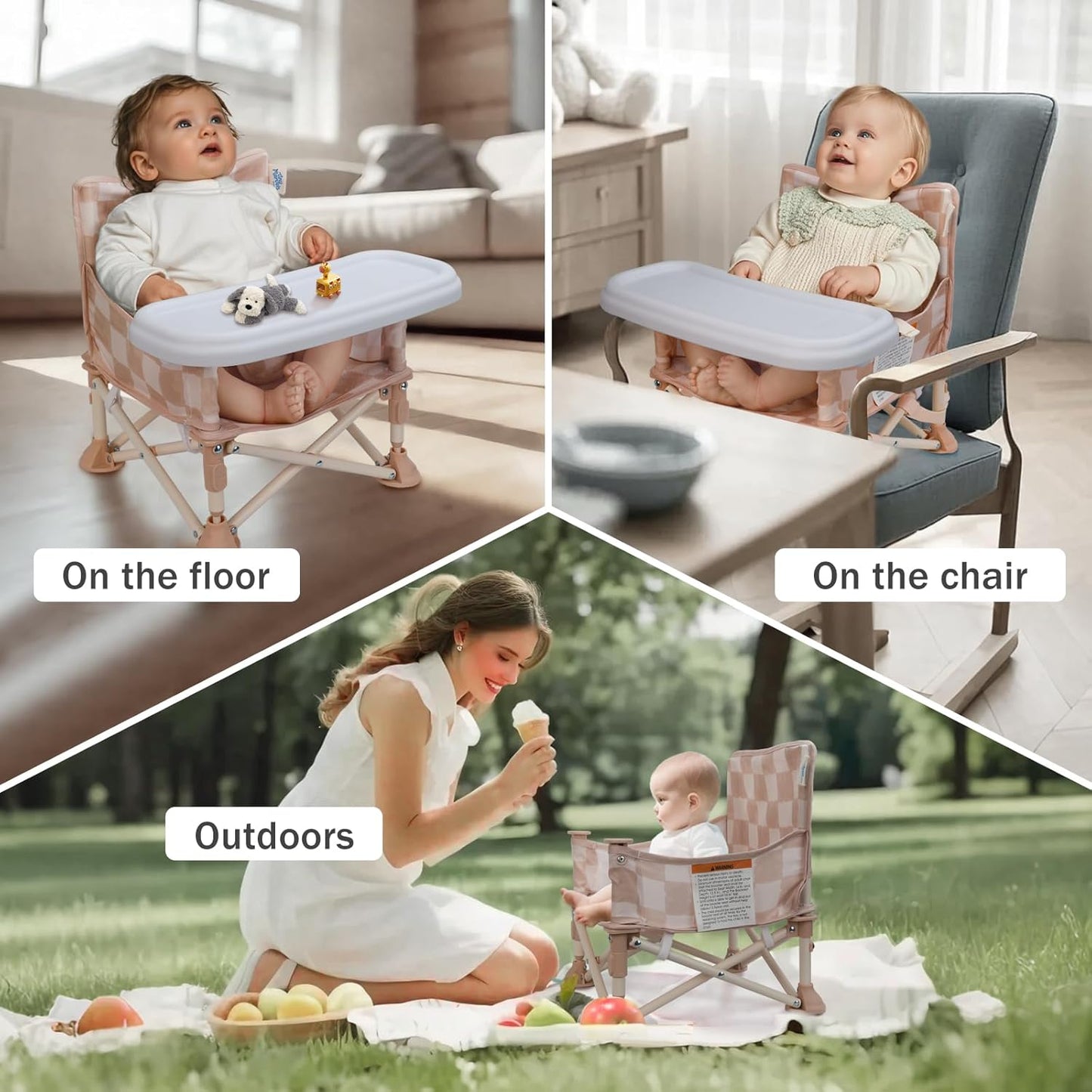 Tiny Marvels Portable 3-in-1 Baby Booster Seat, Cozy Floor Seat, Feeding Seat with Tray, Compact Foldable Toddler Booster with Child Safety Belt Carry Bag, Perfect for Travel (Sand Checker)