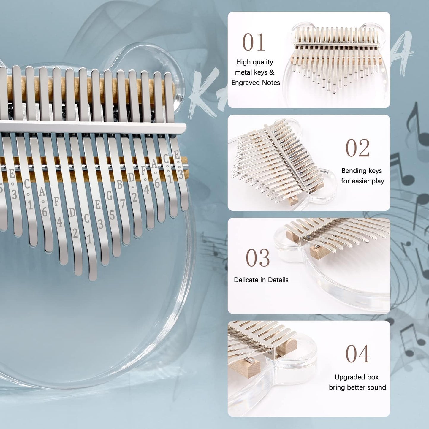 Acrylic Kalimba Thumb Piano,YUNDIE Portable 17 Keys Mbira Crystal Finger Piano, Musical Instruments Birthday Gift for Kid Adult Beginners Professional(Clear) (17 Keys)