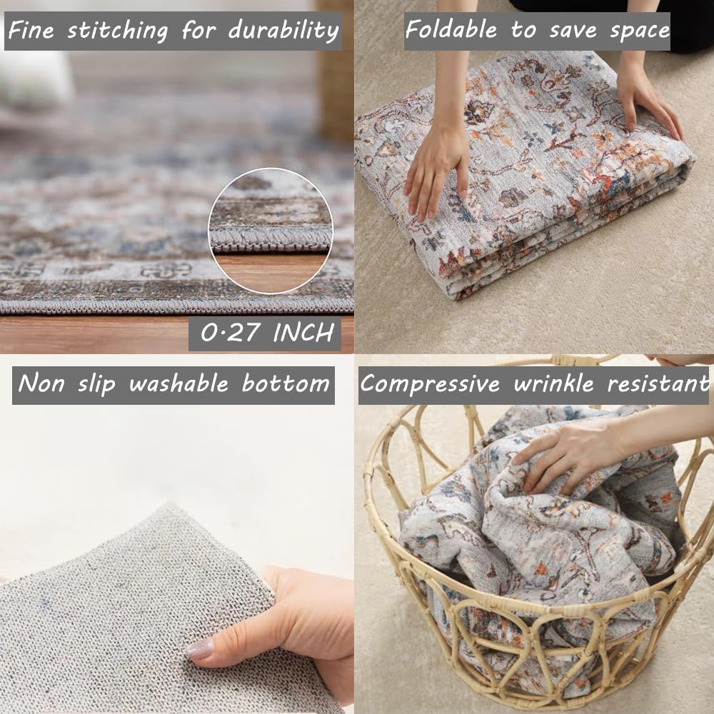Area Rug 8x10 Washable Rug Gray Vintage Traditional Mat Distressed Indoor Foldable Thin Retro Accent Floral Non Slip Carpet Living Room Dining Room Office