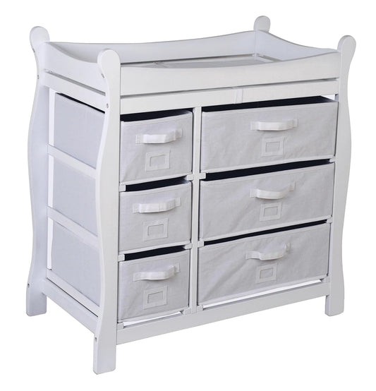 Badger Basket Sleigh Baby Changing Table with 6 Storage Drawers, Cushioned Changing Pad, Nursery Organizer, Sturdy White Wood Furniture for Infant Care
