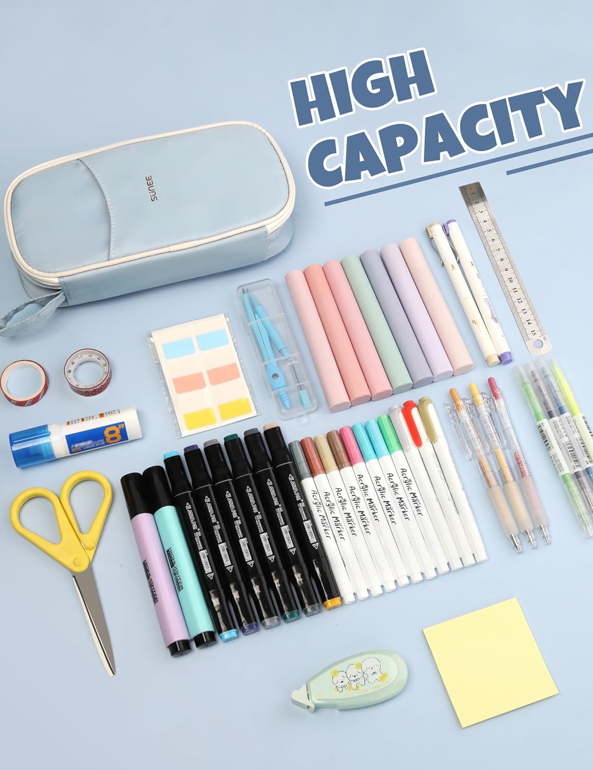 SUNEE Large Pencil Case, Cute Pen Pouch, Aesthetic Zipper Stationery Bag Large Capacity Kawaii Pen Organizer, Blue, Bag Organiser