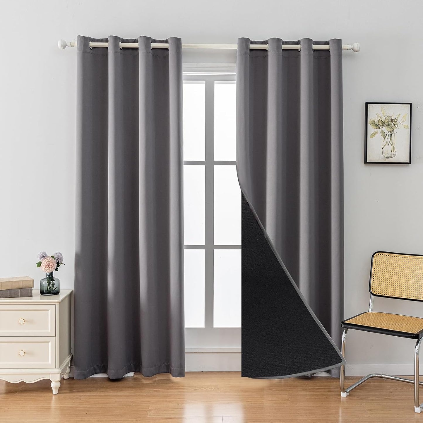 Anytime 100% Blackout Curtain Set, Thermal Insulated & Energy Efficiency Window Draperies for Guest Room, Full Shading Panels for Shift Worker and Light Sleepers（Grey, 2 Panels, 52W x 120L）