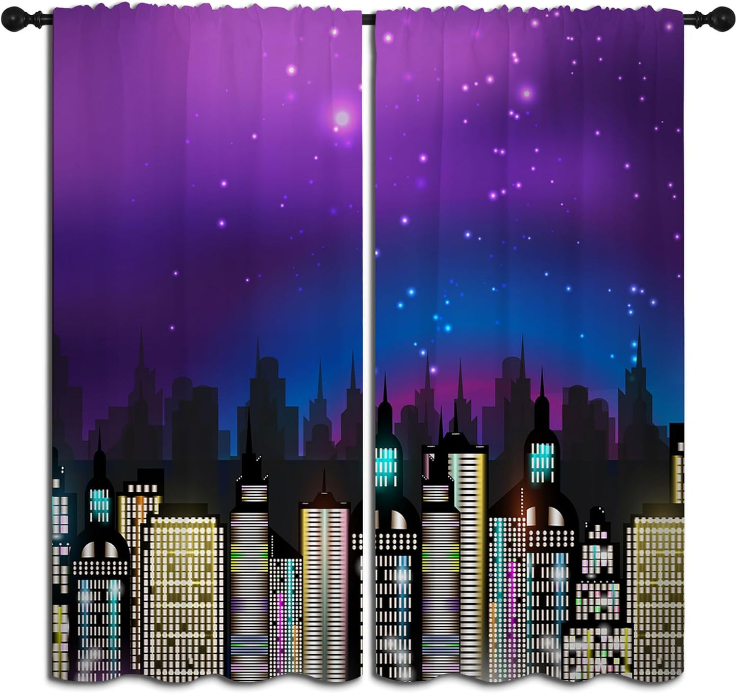 Superhero Rod Pocket Blackout Curtains for Boy Girl Bedroom, Super City Skyline Buildings Night Panorama Thermal Insulated Home Window Drapes for Living Room Darkening, 84x72 inch