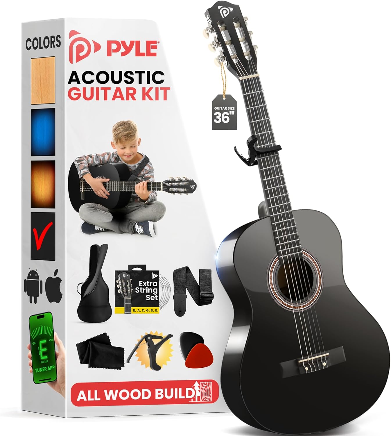 Pyle Beginner Acoustic 6 String Semi Hollow Body Electric Guitar Set, 41.8" Full Size Jazz Instrument Kit with Gig Bag and Accessories, Matte Red Burst, Right, Black Gloss, 36" (PGACLS82BK)