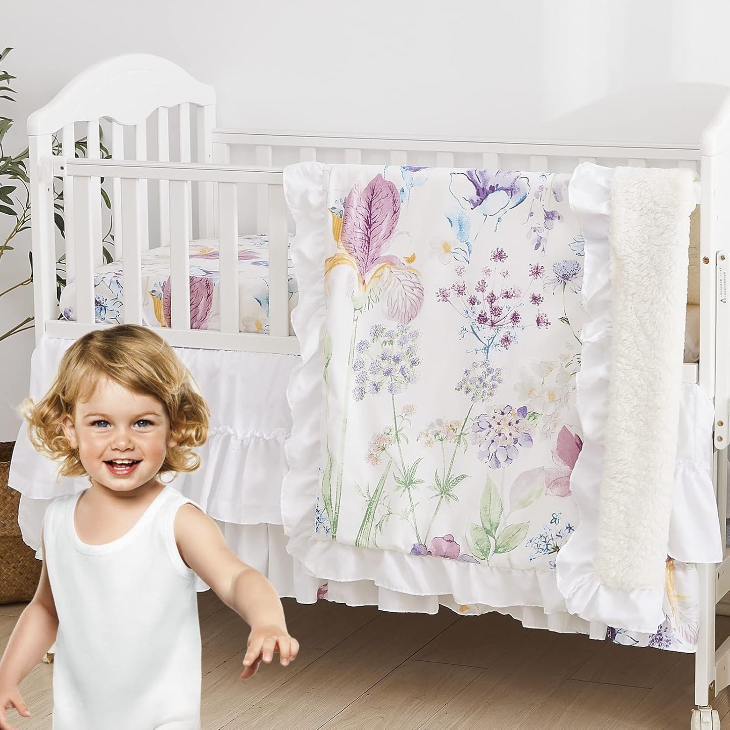 Brandream Gilrs Floral Bedding Boho Baby Bedding Watercolor Farmhouse Nursery Crib Blanket Set 3 Piece, Fitted Sheet, Skirt