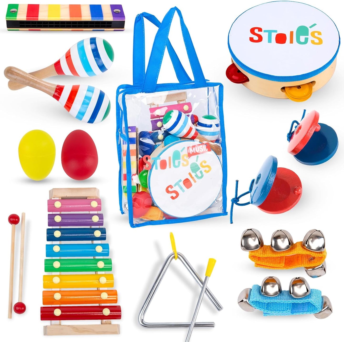 Stoie's Wooden Kids Musical Instruments for 1-5 Years Old, Baby Percussion Toys with Xylophone, Maracas, Tamburine, Durable, Safe to Play, Clear Loud Sound, Kid-Friendly Size, with a Storage Bag