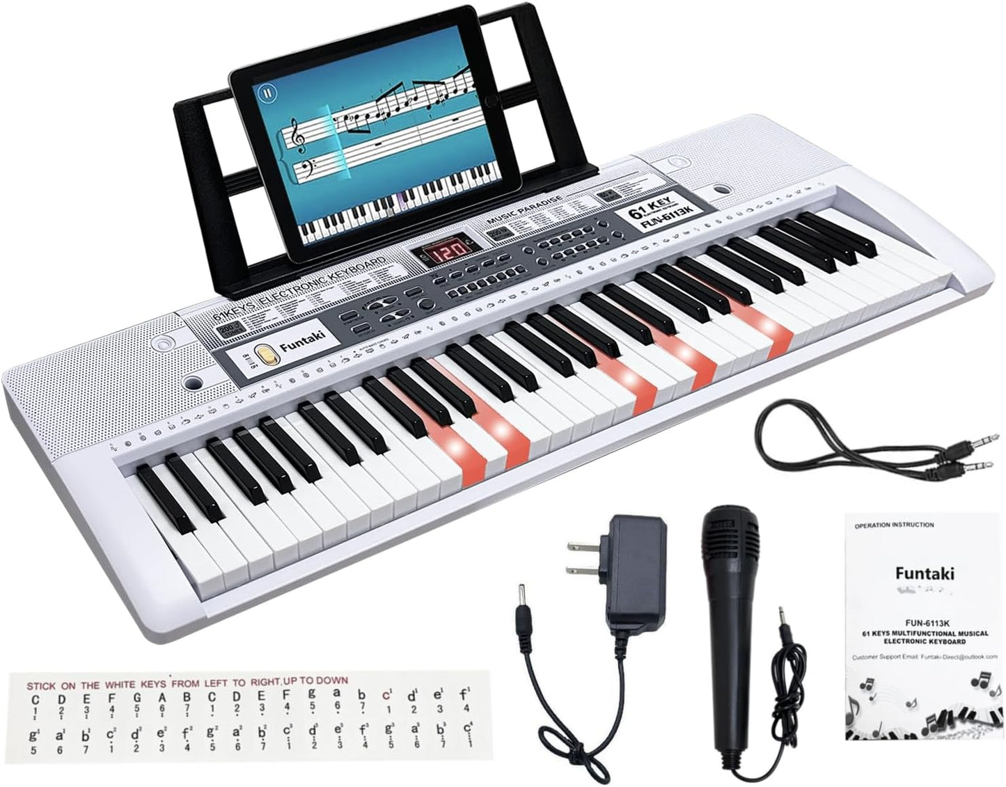 61 Key Electric Piano Keyboard with Lighted Keys, Digital Portable Keyboards with Sheet Music Stand, Mini Music Keyboard Pianos for Beginners Kids Adults, White