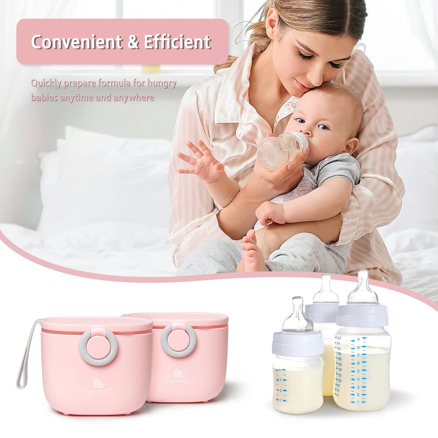 Termichy Baby Formula Dispenser, Portable Milk Powder Dispenser Container with Carry Handle and Scoop for Travel Outdoor Activities with Baby Infant, 8.8OZ, 0.55LB, 250g, 500ml (Pink)
