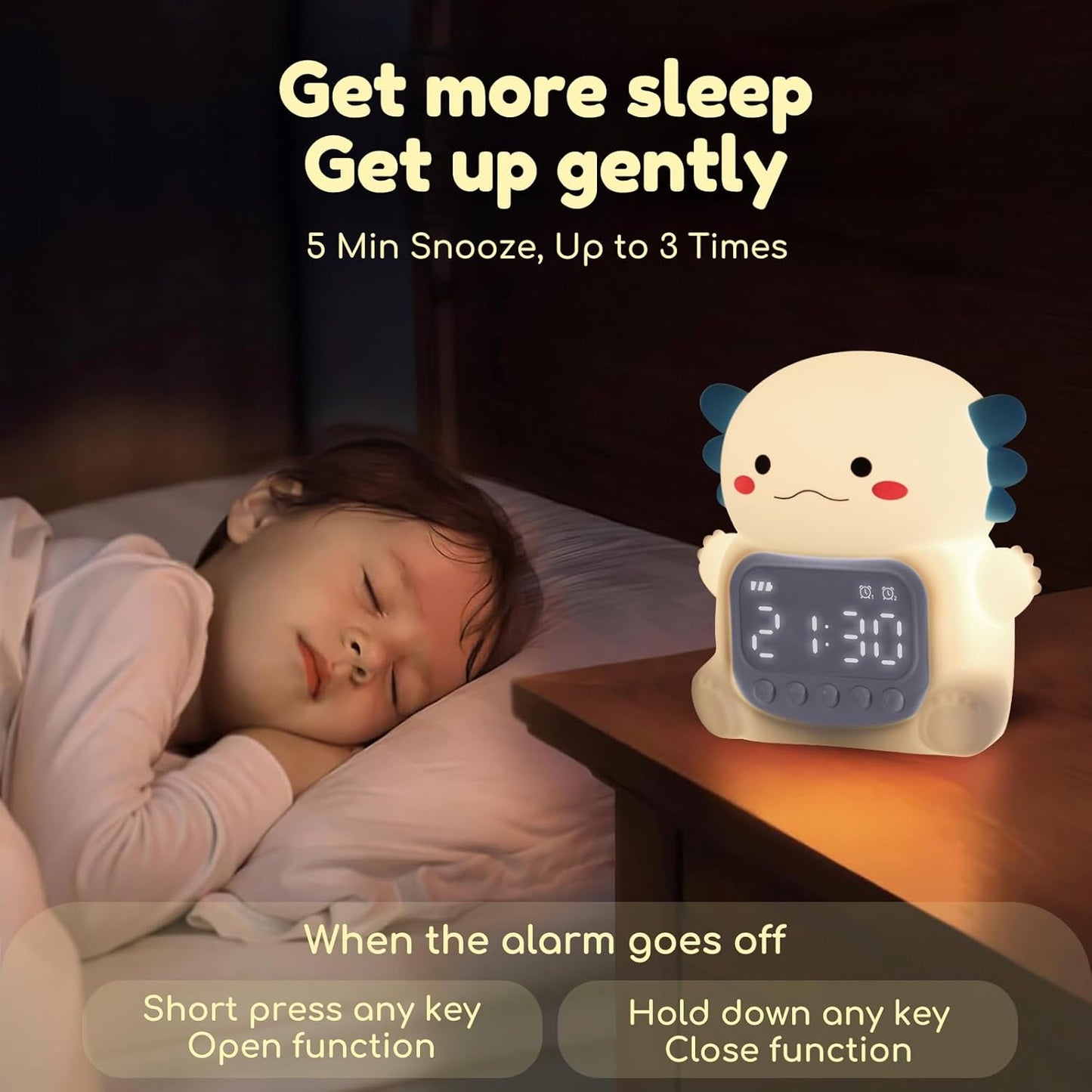 Axolotl Alarm Clock with Night Light for Kids, 7 RGB Color Cute Alarm Clocks for Bedrooms Ok to Wake Clocks, Silicone Animal Tabletop Lamp for Teen Girls Boys, White