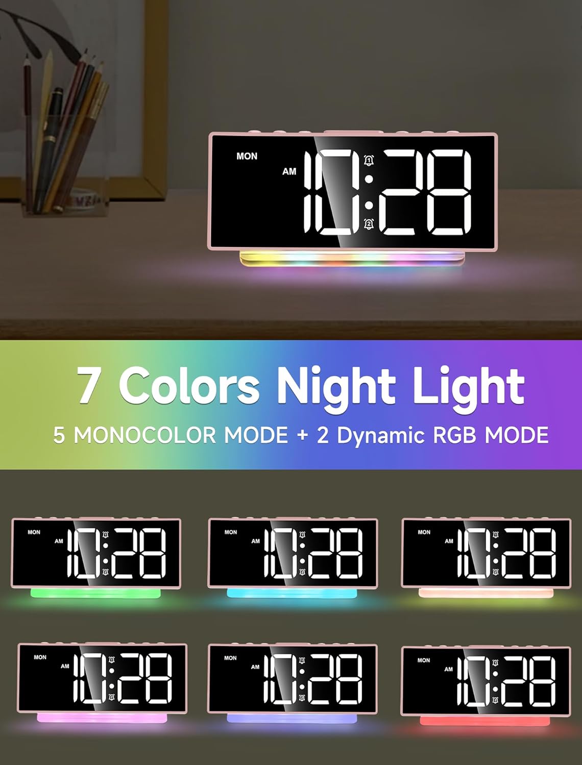 Cadmos Modern Curved Cute Digital Alarm Clock,Colorful Led Display,Adjustable Volume,Weekday/Weekend Mode,Simple Clock for Bedrooms Bedside,Ok to Wake Up for Girls,Kids,Teens (Pink+Dynamic)