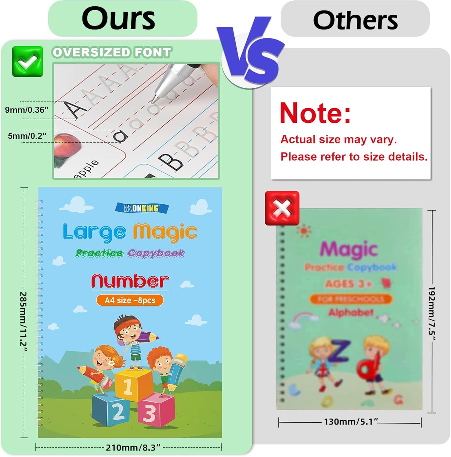 Monking Large Magic Practice Copybook for Kids,Handwriting Grooved Practice Book 5 Pack with Pen Refill English Cursive Calligraphy Reusable Age 3-8