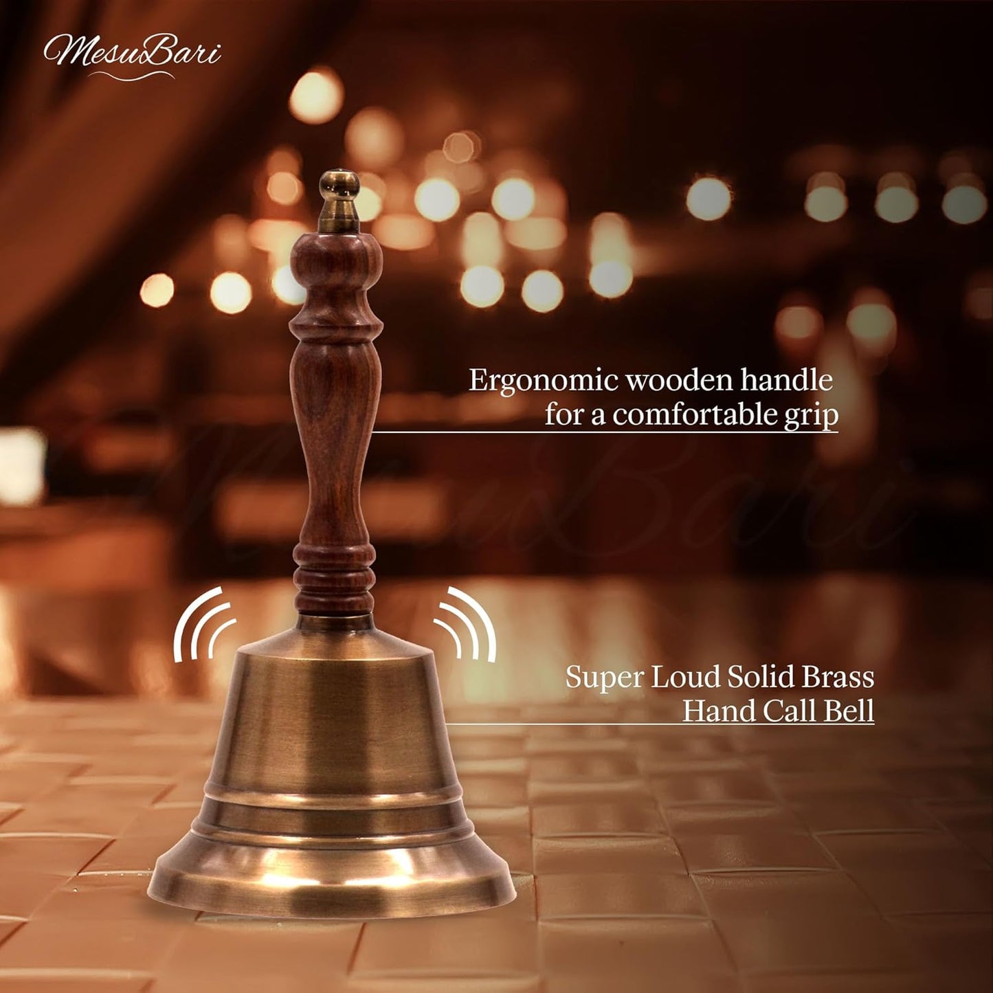 Premium Solid Brass Service Bell Handheld Loud Call Bell with Wooden Handle for Church Restaurant Hotel Reception Office Event Holiday Use Brass Finish 1 Piece 8 Inch by 4 Inch