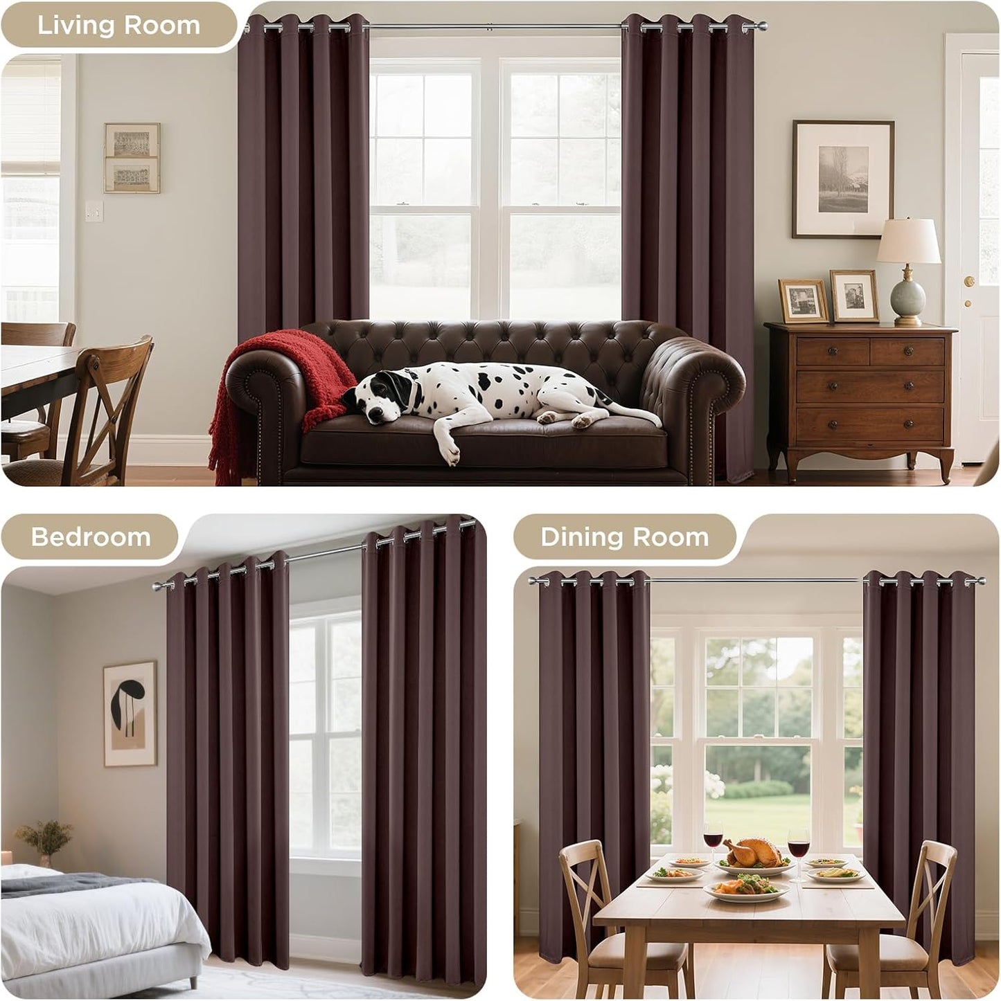 Joydeco Blackout Curtains 63 Inch Length 2 Panels Set, Thermal Insulated Long Curtains& Drapes 2 Burg, Room Darkening Grommet Drapes for Living Room Bedroom Window (W52 x L63 Inch, Chocolate)