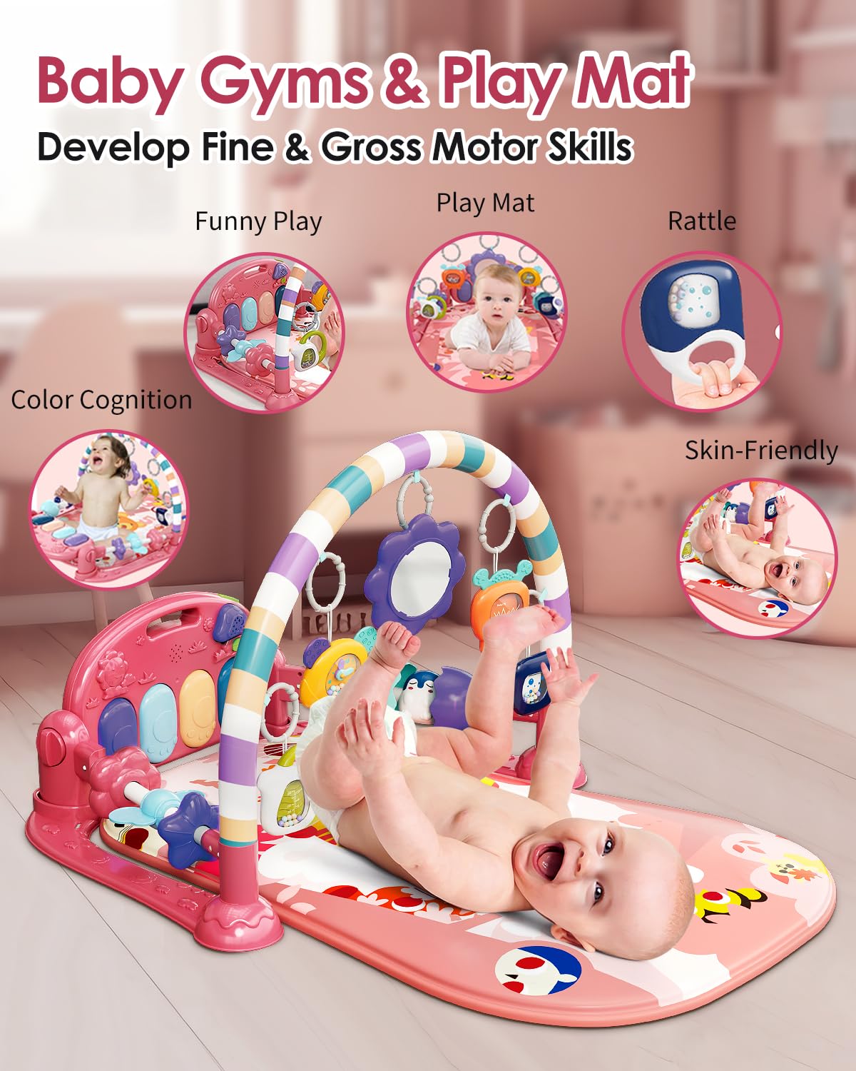 dearlomum Baby Play Mat Baby Gym,Funny Play Piano Tummy Time Baby Activity Mat with 5 Infant Sensory Baby Toys, Music and Lights Boy & Girl Gifts for Newborn Baby 0 to 3 6 9 12 Months (Tiger Pink)