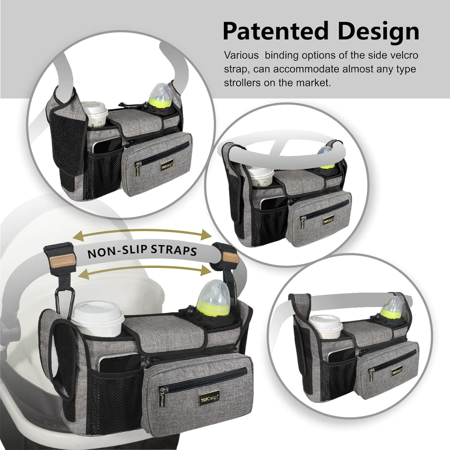 TOPDesign Universal Baby Stroller Organizer, Stroller Caddy with Heightened Insulated Cup Holders & Non-Slip Secure Hooks Accessories, Fits Most Strollers, Machine Washable (Baroque Gold)