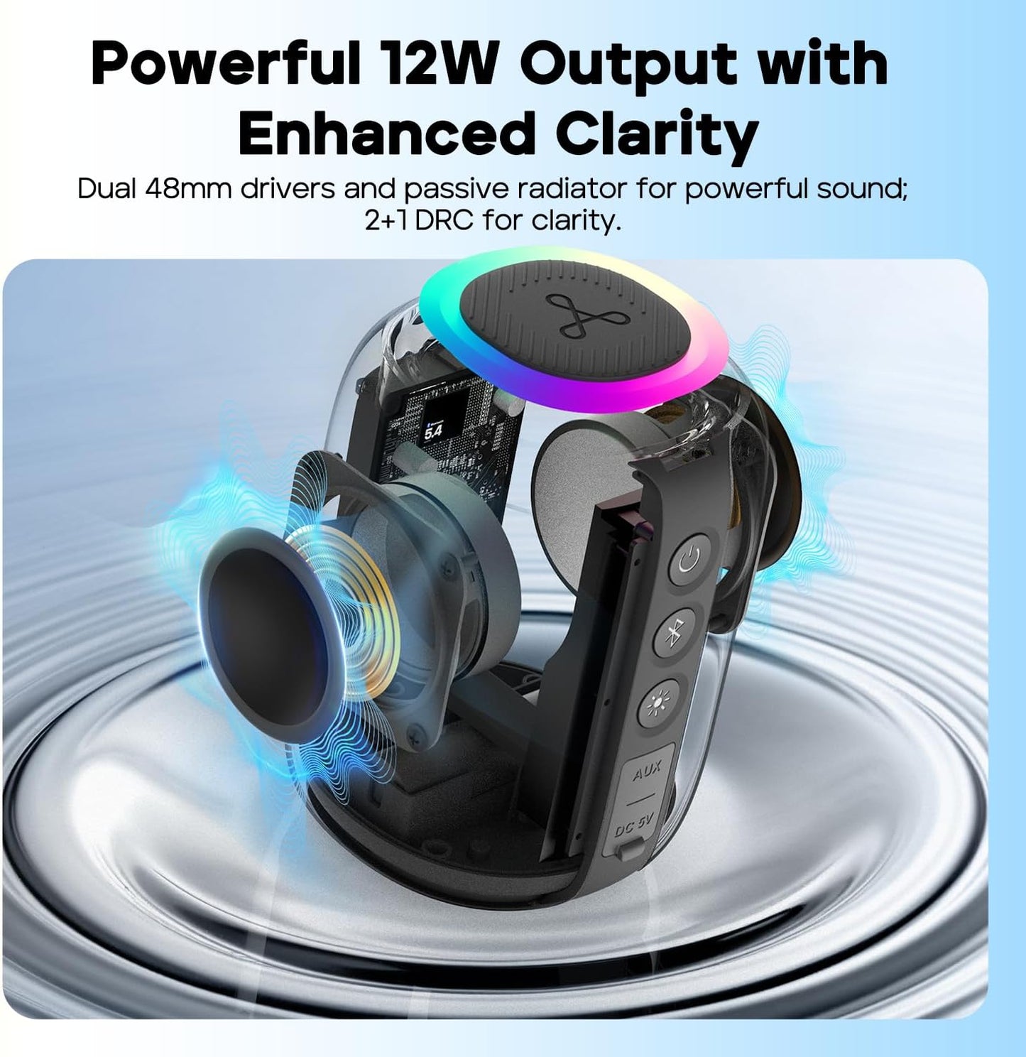 Tribit StormBox Mini+ Portable Bluetooth Speaker, 12W Wireless Speaker with 360°Surround Sound, 12H Playtime, Custom EQ, BT5.4, IPX7 Waterproof, RGB Lights, Type-C, TWS, AAC/SBC, Home/Outdoor/Travel