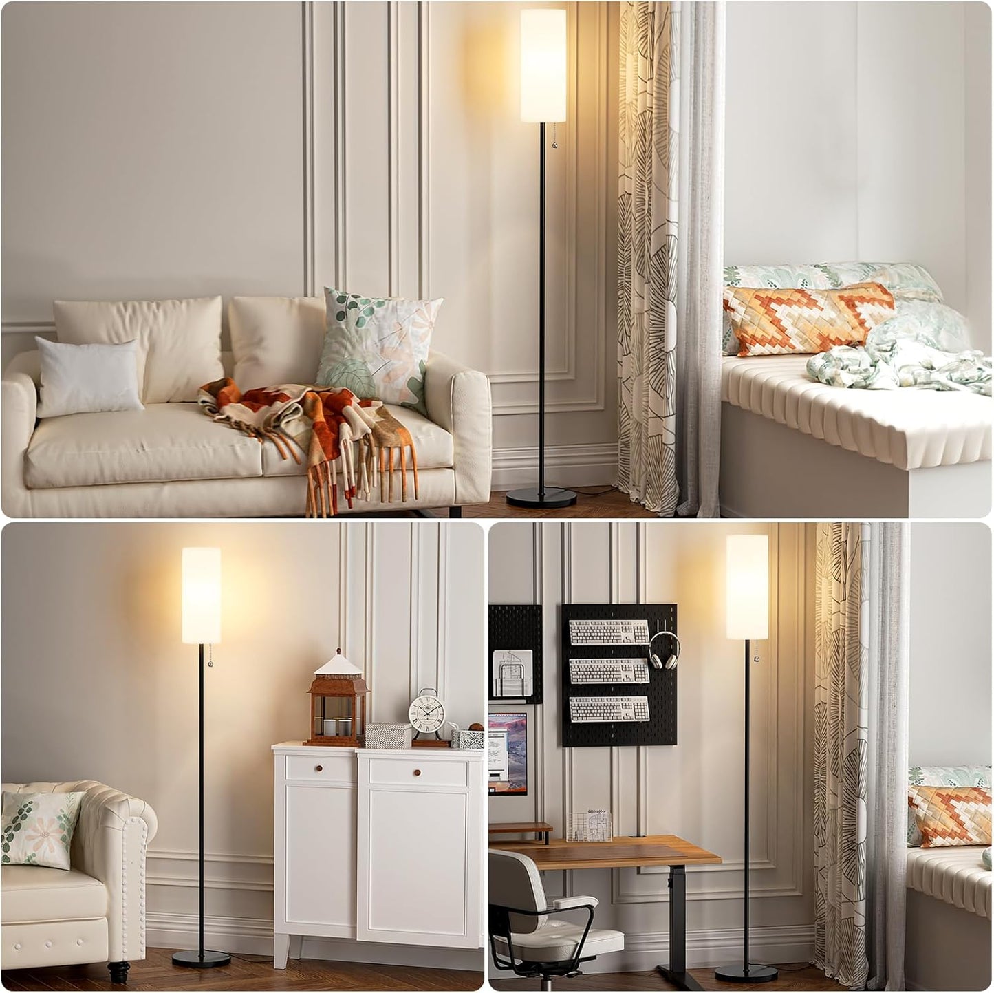 Ambimall Floor Lamp with 3 Color Temperatures Bulb Set of 2, 64" Standing lamp with Linen lampshade for Bedroom, Minimalist Pole Lamp, White Shade & Black Pole