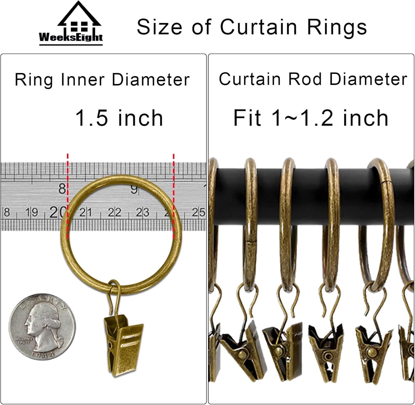 WeeksEight 40 Pack Bronze Curtain Rings with Clips, Curtain Hooks Hangers Clip Rings for Hanging Drapes Bows Hat, Drapery Rings 1.5 in I D, Fits up to 1.2 in Diameter Curtain Rod.