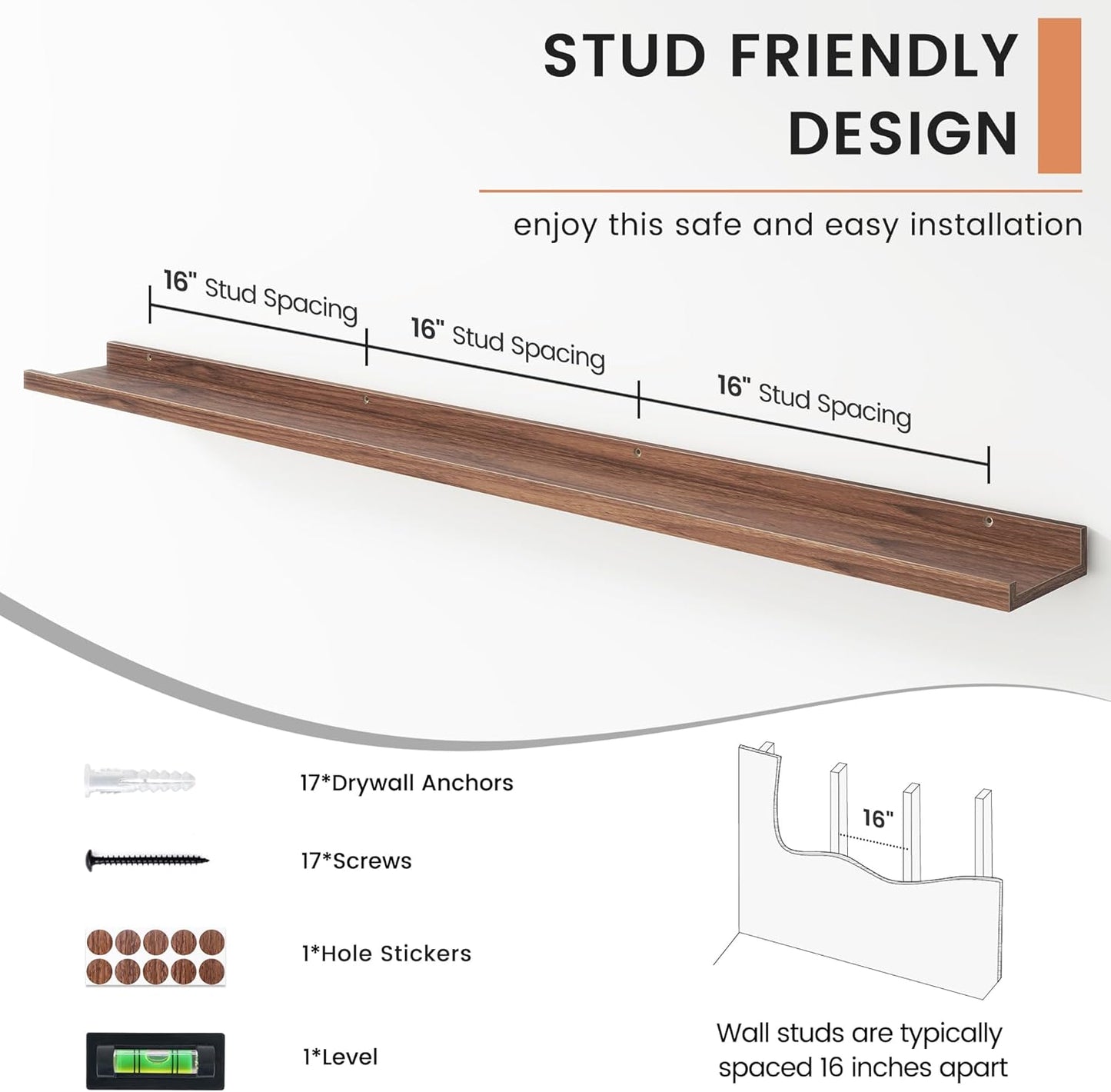 Floating Picture Ledge Shelves for Wall Set of 4, 56 Inch Wall Shelves with Lip Long Large Nursery Book Shelf for Toys Storage Kids Bookshelf Wall Mounted Living Room Bedroom Decor Frames