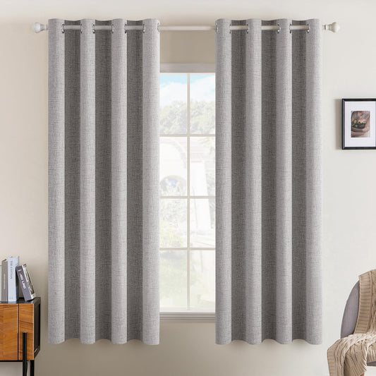 MIULEE Linen Texture Curtains for Bedroom Solid 100% Blackout Thermal Insulated Greyish White Curtains Grommet Room Darkening Drapes for Living Room Nursery 52x63 Inch (2 Panels)